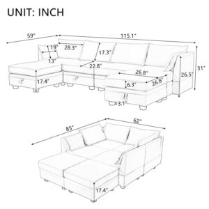 YOPTO Modern Modular Sectional Couch with Reversible Chaise,Convertible Large U-Shape Sofa Bed W/ 6 Storage Seaters & Solid Wood Frame,for Living Room,Office,Apartment,Beige,115.1", 115"