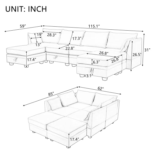 YOPTO Modern Modular Sectional Couch with Reversible Chaise,Convertible Large U-Shape Sofa Bed W/ 6 Storage Seaters & Solid Wood Frame,for Living Room,Office,Apartment,Beige,115.1", 115"