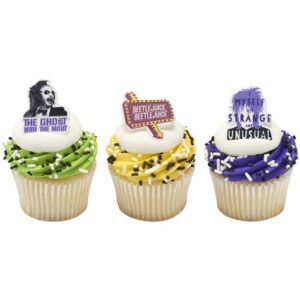 DecoPac Beetlejuice Rings, Cupcake Decorations Featuring Beetlejuice & Lydia, Cupcake Toppers For Cakes, Cupcakes, Treats - 24 Pack