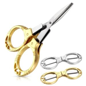 nogeqi 2 pcs folding scissors portable travel scissors stainless steel mini scissors retractable small scissors all purpose for sewing fishing crafts diy home office christmas gift men(gold, silver)