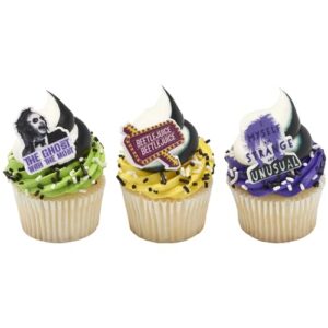 DecoPac Beetlejuice Rings, Cupcake Decorations Featuring Beetlejuice & Lydia, Cupcake Toppers For Cakes, Cupcakes, Treats - 24 Pack