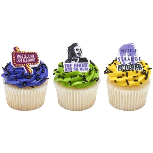 DecoPac Beetlejuice Rings, Cupcake Decorations Featuring Beetlejuice & Lydia, Cupcake Toppers For Cakes, Cupcakes, Treats - 24 Pack