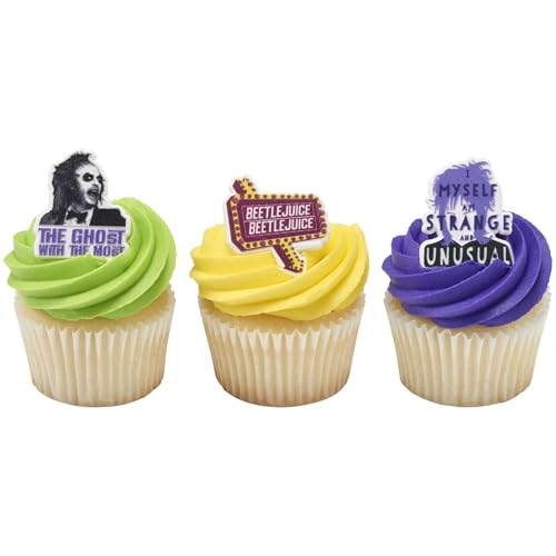 DecoPac Beetlejuice Rings, Cupcake Decorations Featuring Beetlejuice & Lydia, Cupcake Toppers For Cakes, Cupcakes, Treats - 24 Pack