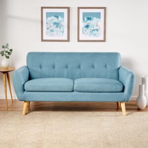 keiki 67" loveseat sofa couch with button-tufted waffle stitch mid-century modern design for bedroom, blue