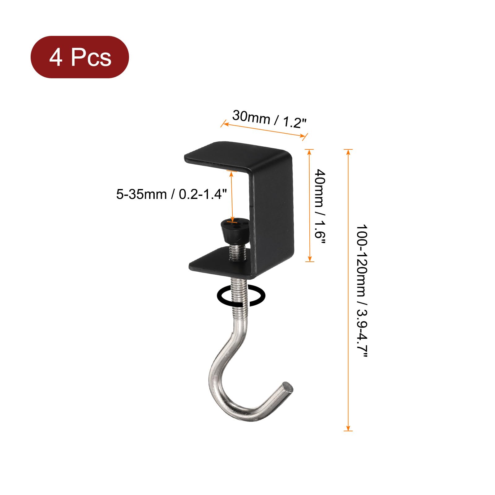 HARFINGTON 4pcs Desk Hook Clamp 0.2"-1.4" Clamping Range Bag Hook for Backpack Table Purse Clothes Portable Desk Mount Bag Holder Hook Clamp, Black