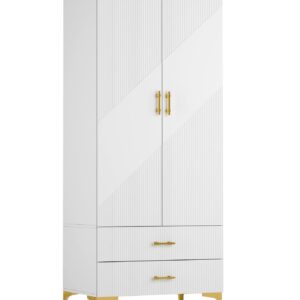 vinform Wardrobe Armoire with 2 Doors, 2 Drawers and Hanging Rods, Twill Wood Closet Storage with Metal Cabinet Legs, White 20.4" D x 31.5" W x 76.77" H (Left Modern)