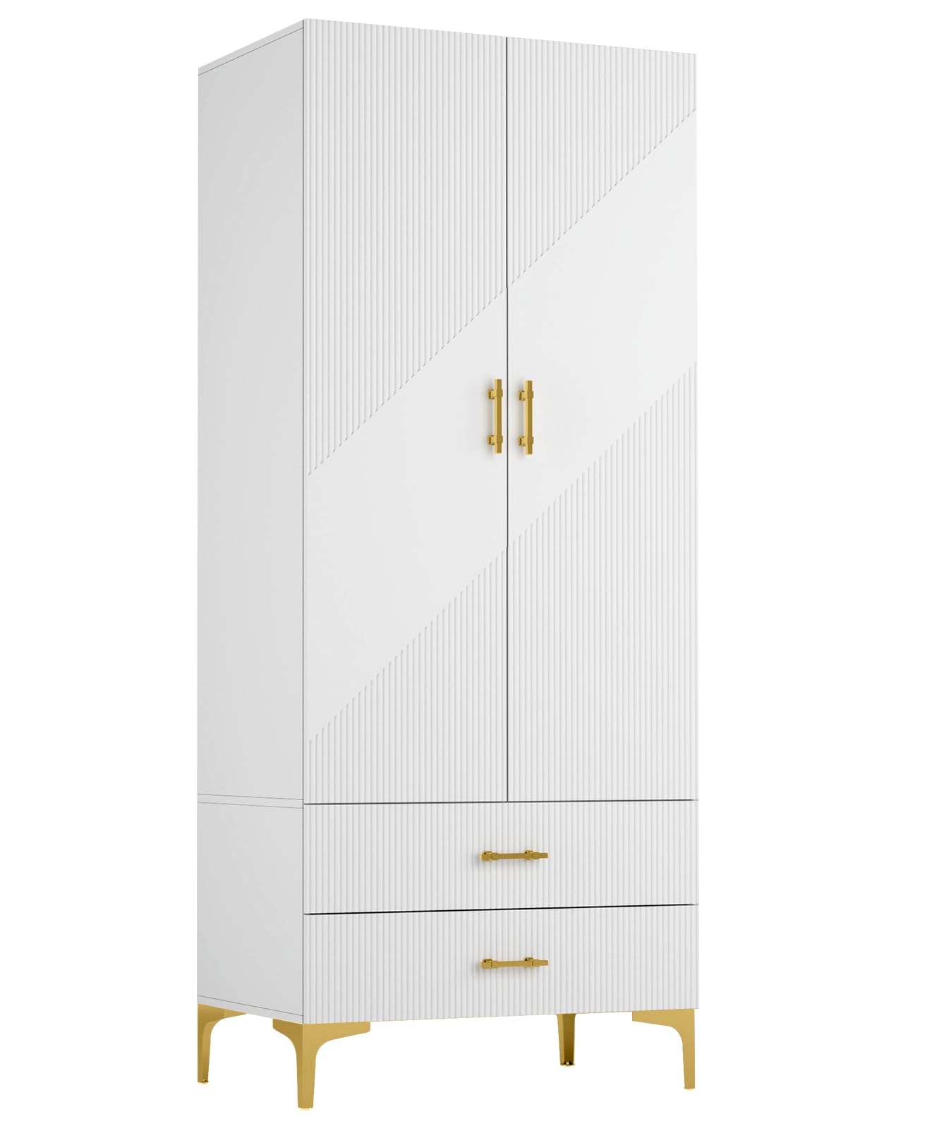 vinform Wardrobe Armoire with 2 Doors, 2 Drawers and Hanging Rods, Twill Wood Closet Storage with Metal Cabinet Legs, White 20.4" D x 31.5" W x 76.77" H (Left Modern)