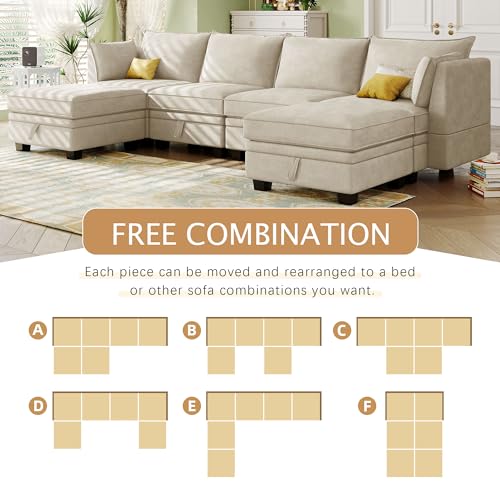 YOPTO Modern Modular Sectional Couch with Reversible Chaise,Convertible Large U-Shape Sofa Bed W/ 6 Storage Seaters & Solid Wood Frame,for Living Room,Office,Apartment,Beige,115.1", 115"