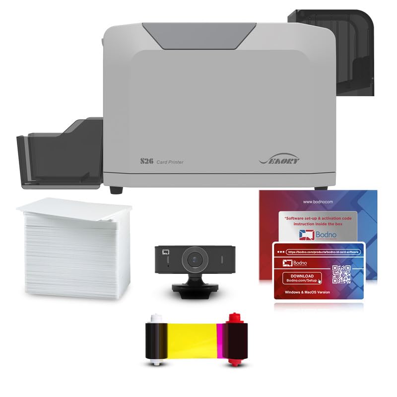 Bodno Seaory S26 Single Sided ID Card Printer & Complete Supplies Package ID Software and Camera - Silver Edition