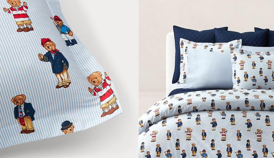 POLO RALPH LAUREN Blue Stripe Teddy Bear Boy 2 pc Twin Duvet Cover Set Blue White