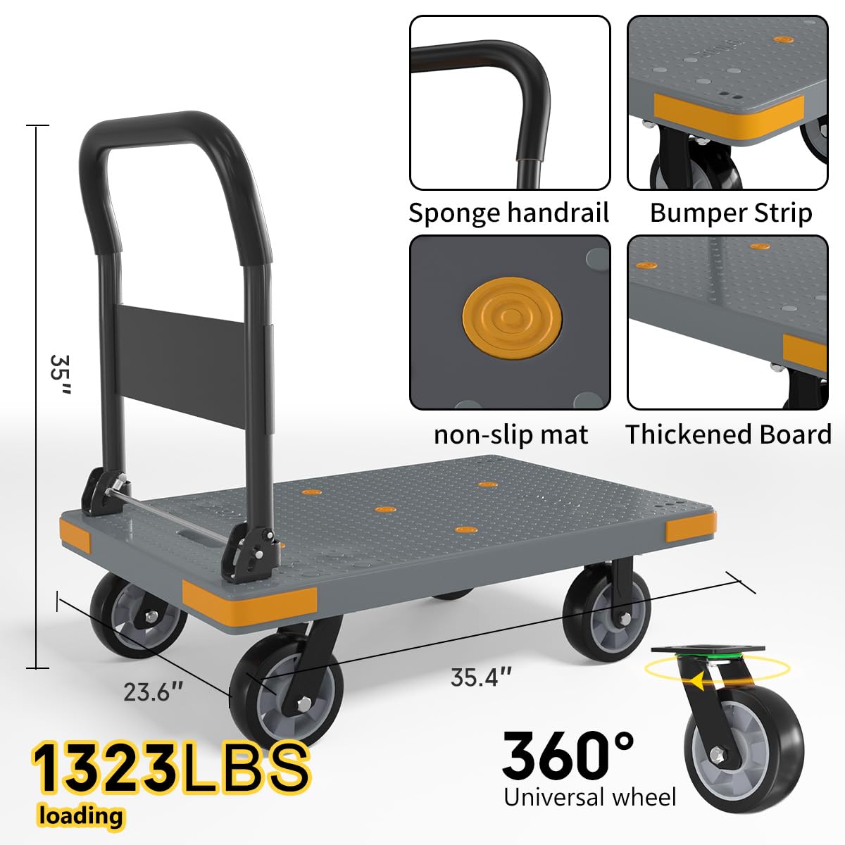 WUD Push Cart, Folding Mobile Platform Trolley,Thickened and Reinforced, 360° Swivel Wheels,35.4 “L x 23.6 ”W, 1323 lb.Grey