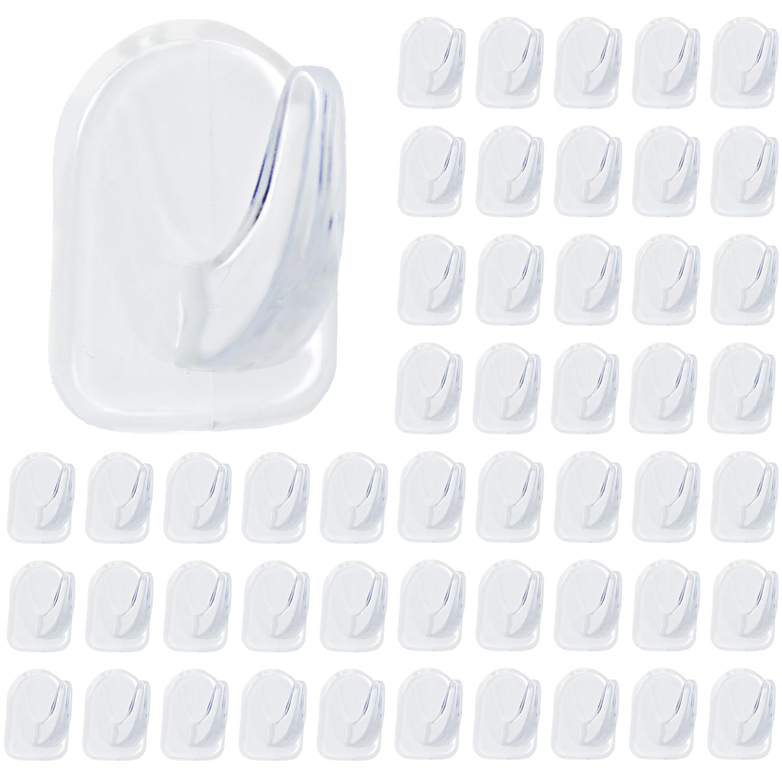 50 PCS Traceless Clear Plastic Adhesive Hooks No Damage Transparent Reusable Seamless Hooks Sticky Hangers with Non Marking Sticker for Kitchen Bathroom Bedroom Office Wall（3*2.4Cm/1.18*0.94Inches）