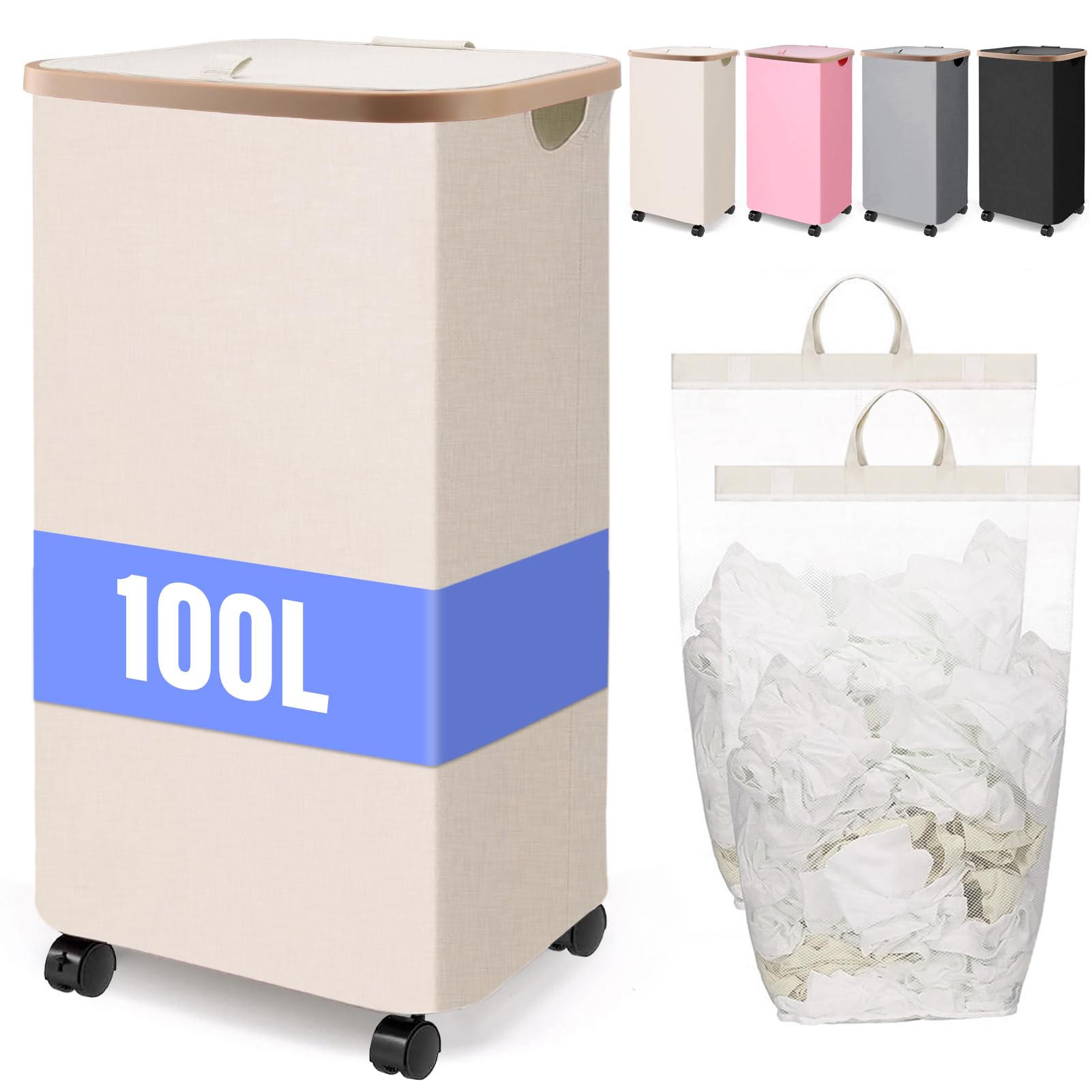 100L Laundry Hamper With Wheels,Large Collapsible Rolling Laundry Basket,Dirty Clothes Hamper With Lid in Laundry Room Bedroom Bathroom College Dorm for Adults,Beige