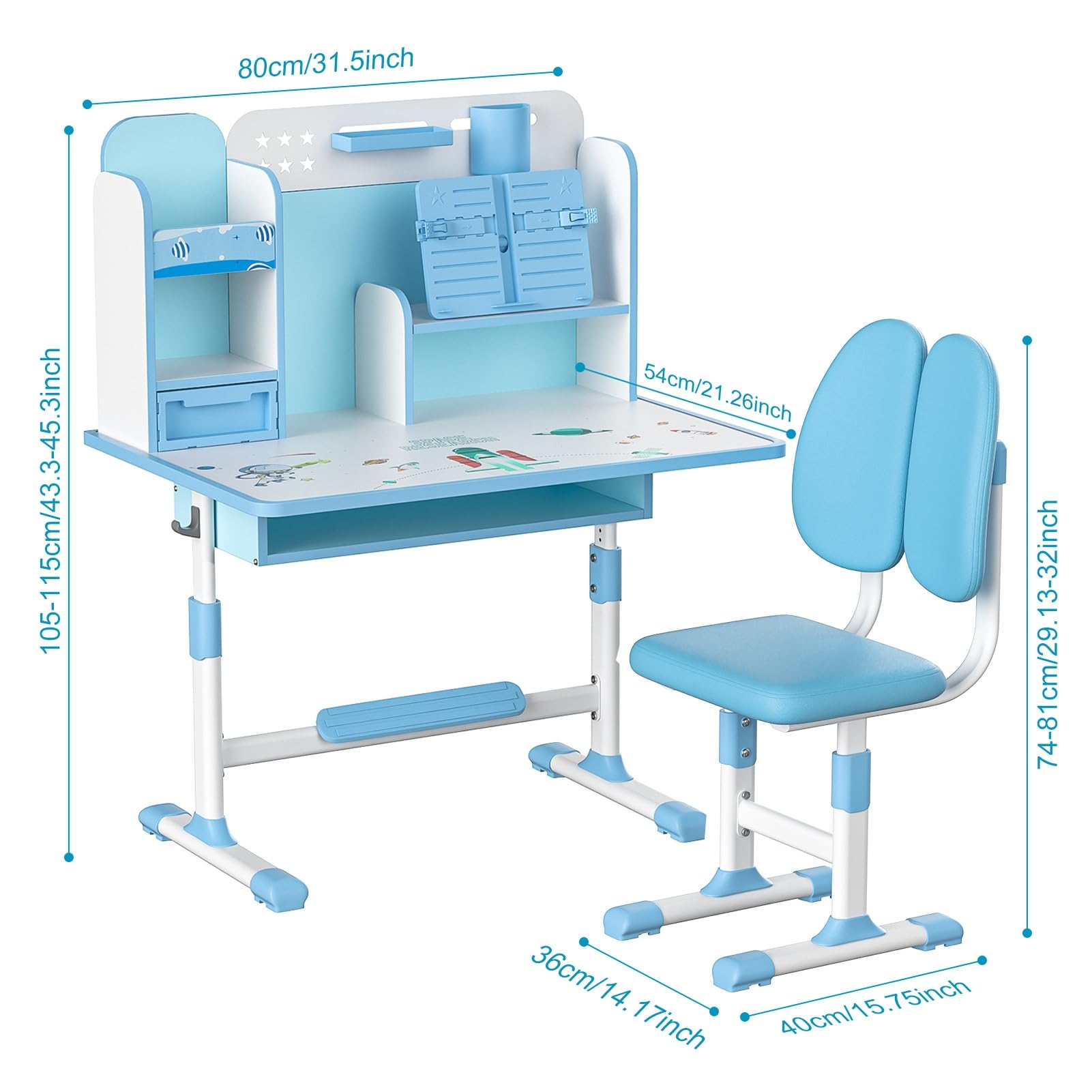 yoakaiax Premium Kids Study Desk Chair Set,Height Adjustable Children's Desk and Chair School Study Table Chair with Pattern,Ergonomic Desk Chair with Writing Board, Bookshelf and Drawer for Boys Gir