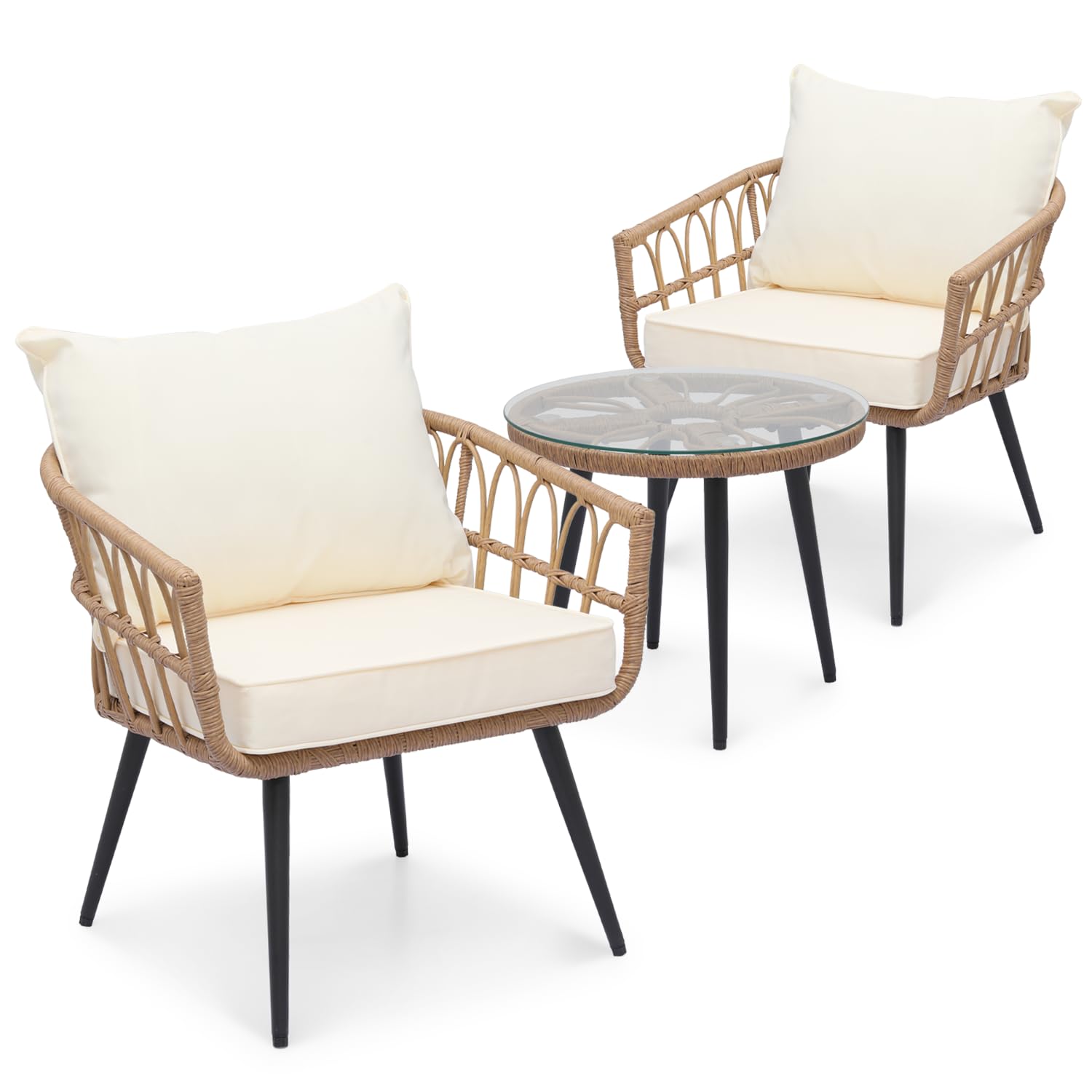 SFIHOME 3-Piece Patio Conversation Set, Rattan Outdoor Furniture Set with Side Table, Patio Furniture Set for Porch Backyard Garden, Weather-Resistant,250lbs Weight Capacity, Natural