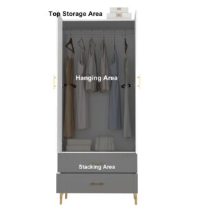 vinform Wardrobe Armoire with 2 Doors, 2 Drawers and Hanging Rods, Twill Wood Closet Storage with Metal Cabinet Legs, White 20.4" D x 31.5" W x 76.77" H (Left Modern)