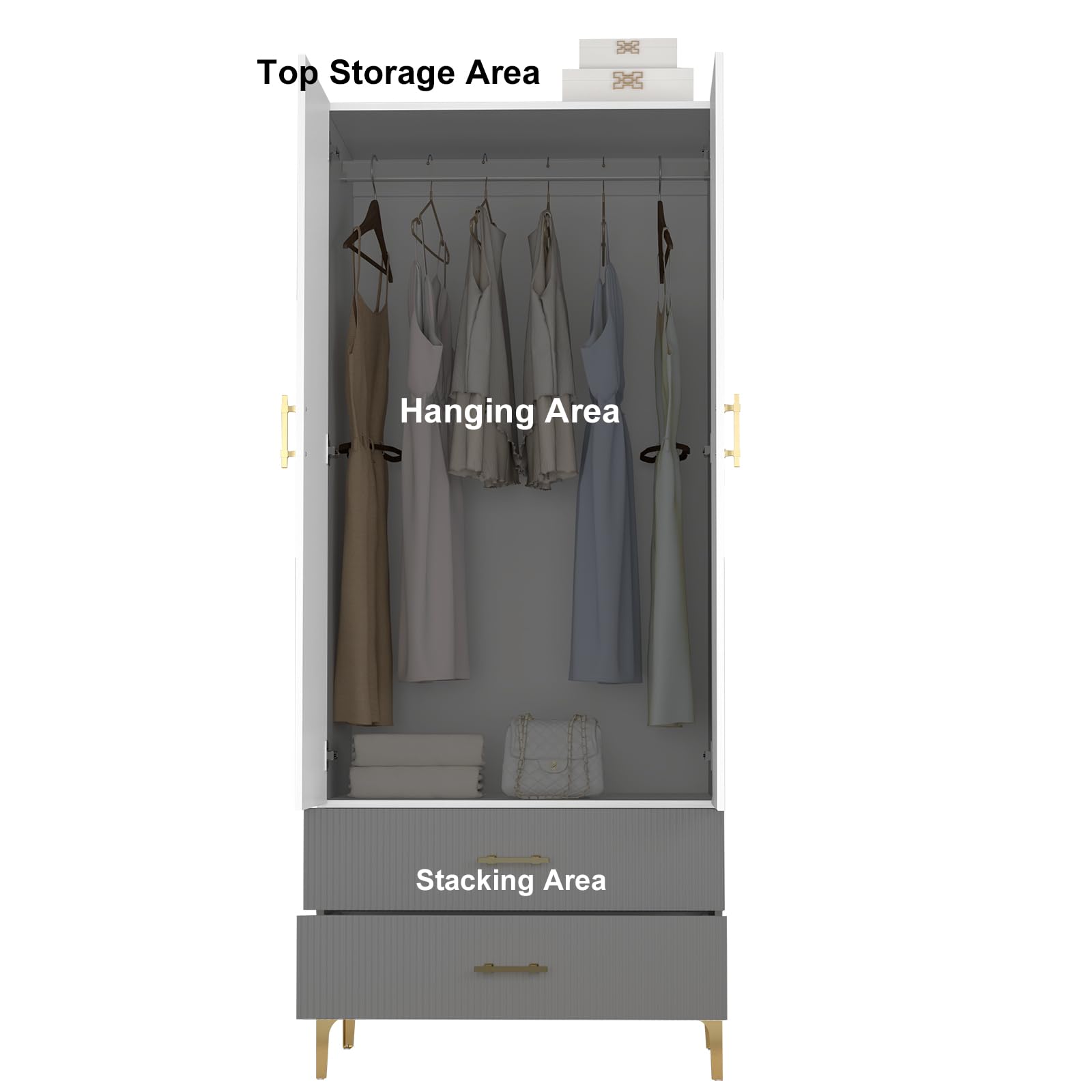 vinform Wardrobe Armoire with 2 Doors, 2 Drawers and Hanging Rods, Twill Wood Closet Storage with Metal Cabinet Legs, White 20.4" D x 31.5" W x 76.77" H (Left Modern)