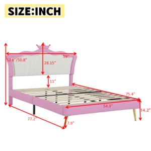 SOFTSEA Full Size Upholstered Bed with LED Lights, Princess Platform Bed for Girls, Adjustable Headboard with Crown, Wood Slats Support, No Box Spring Needed, Pink