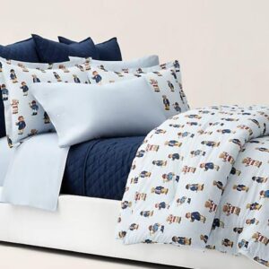 POLO RALPH LAUREN Blue Stripe Teddy Bear Boy 2 pc Twin Duvet Cover Set Blue White