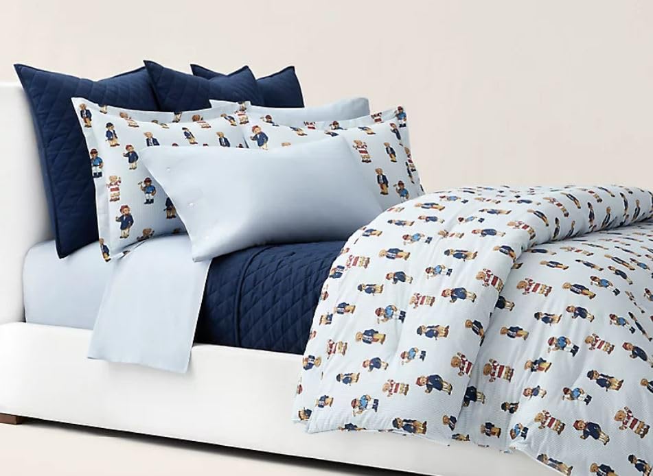 POLO RALPH LAUREN Blue Stripe Teddy Bear Boy 2 pc Twin Duvet Cover Set Blue White