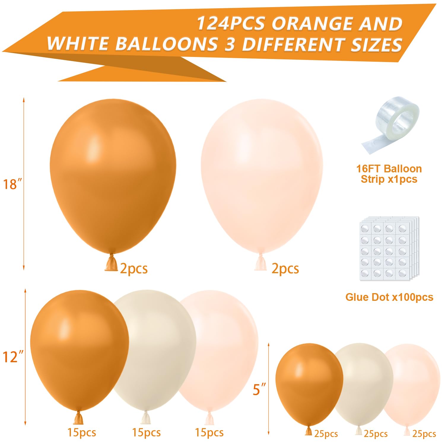 YAOWKY ThanksGiving Balloons Fall Garland Arch Kit,124pcs 18 12 5 In Burnt Orange Pastel Orange White Sand Balloons for ThanksGiving Fall Baby Shower Birthday Pumpkin Themed Party Decorations