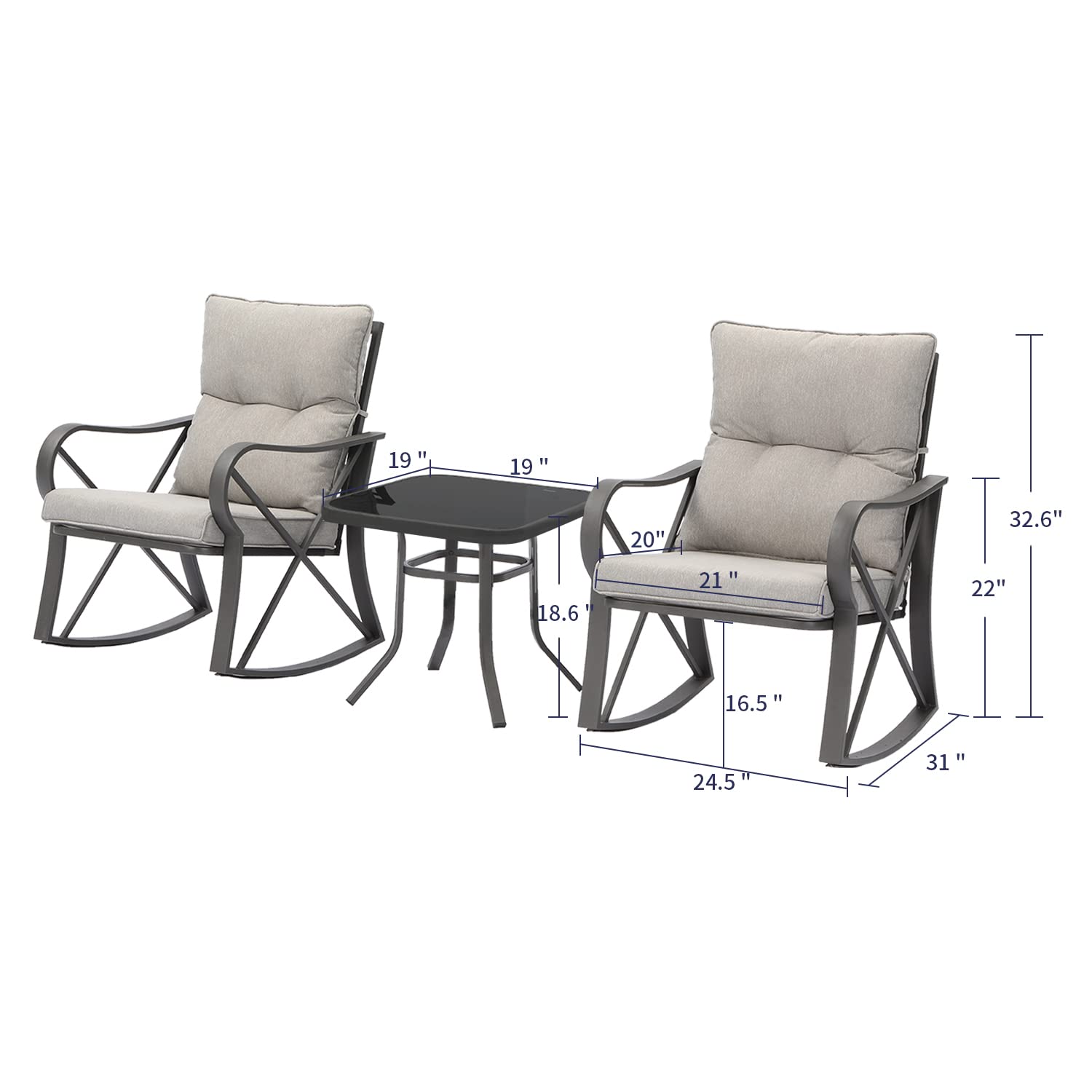 SUNBURY Outdoor 3-Piece Rocking Bistro Set, Modern Patio Furniture Set w Warm Gray Cushion, Glass Coffee Table, Small Rocker Conversation Set Patio Table and Chairs Set for Garden, Backyard