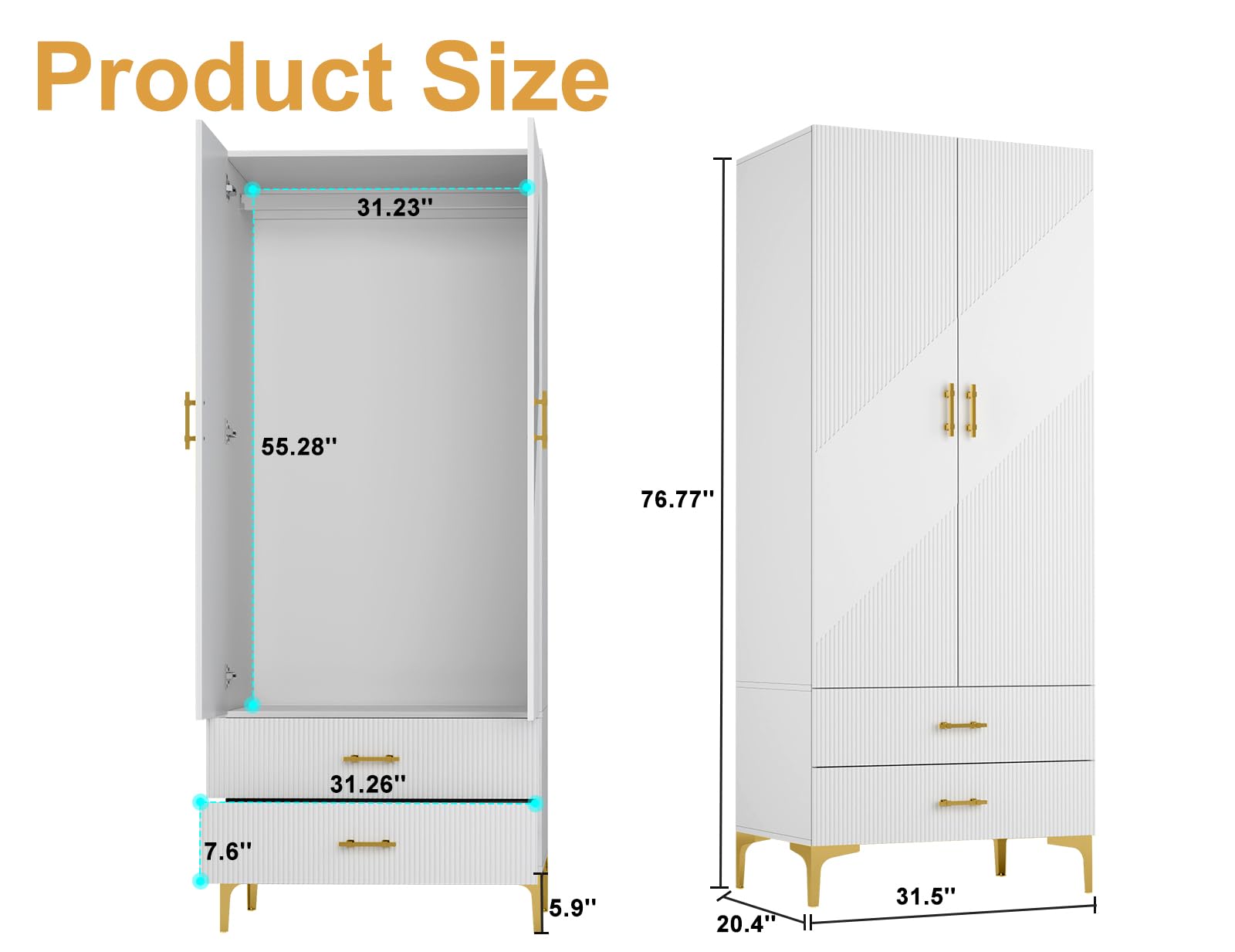 vinform Wardrobe Armoire with 2 Doors, 2 Drawers and Hanging Rods, Twill Wood Closet Storage with Metal Cabinet Legs, White 20.4" D x 31.5" W x 76.77" H (Left Modern)