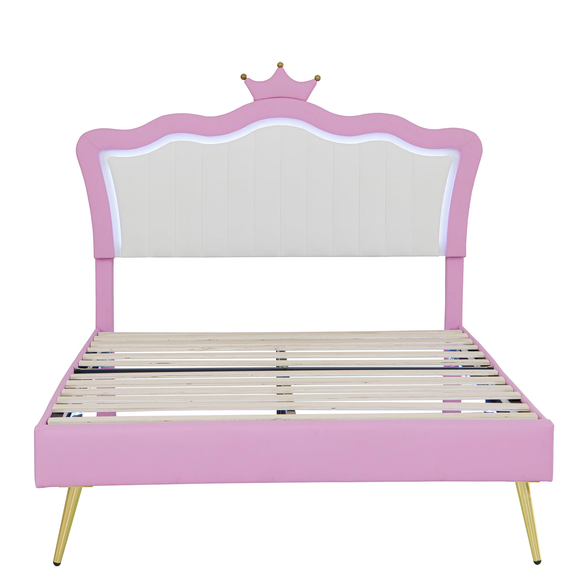 SOFTSEA Full Size Upholstered Bed with LED Lights, Princess Platform Bed for Girls, Adjustable Headboard with Crown, Wood Slats Support, No Box Spring Needed, Pink