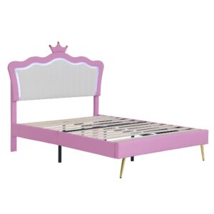 SOFTSEA Full Size Upholstered Bed with LED Lights, Princess Platform Bed for Girls, Adjustable Headboard with Crown, Wood Slats Support, No Box Spring Needed, Pink