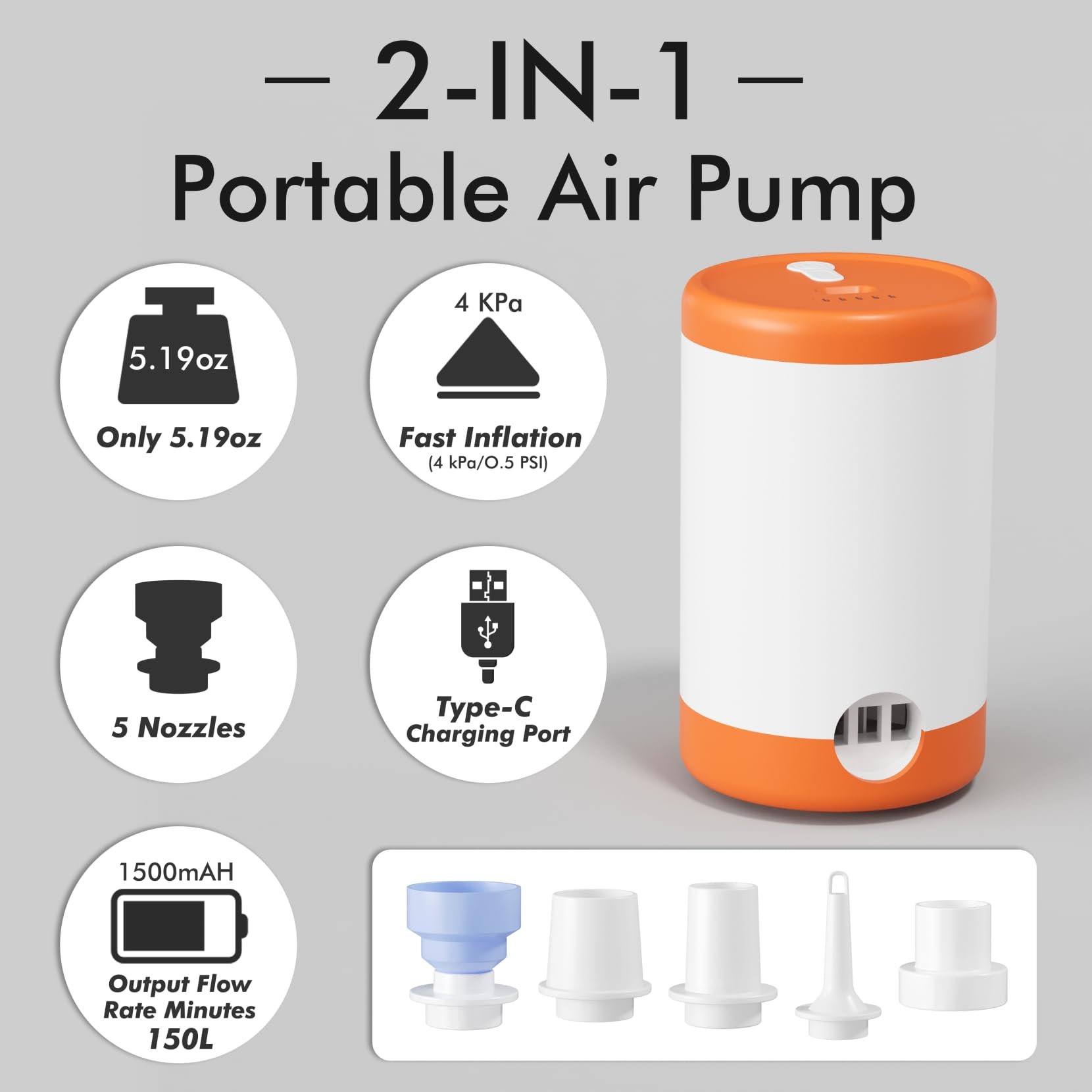 Air Pump For Inflatables,Portable Inflator and Deflator Pump for Air Mattresses, Inflatables, and Vacuum Bags, Battery Powered, Rechargeable Mini Air Pump with USB Charging,1500 mah battery