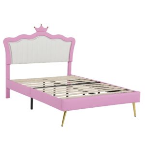 SOFTSEA Full Size Upholstered Bed with LED Lights, Princess Platform Bed for Girls, Adjustable Headboard with Crown, Wood Slats Support, No Box Spring Needed, Pink