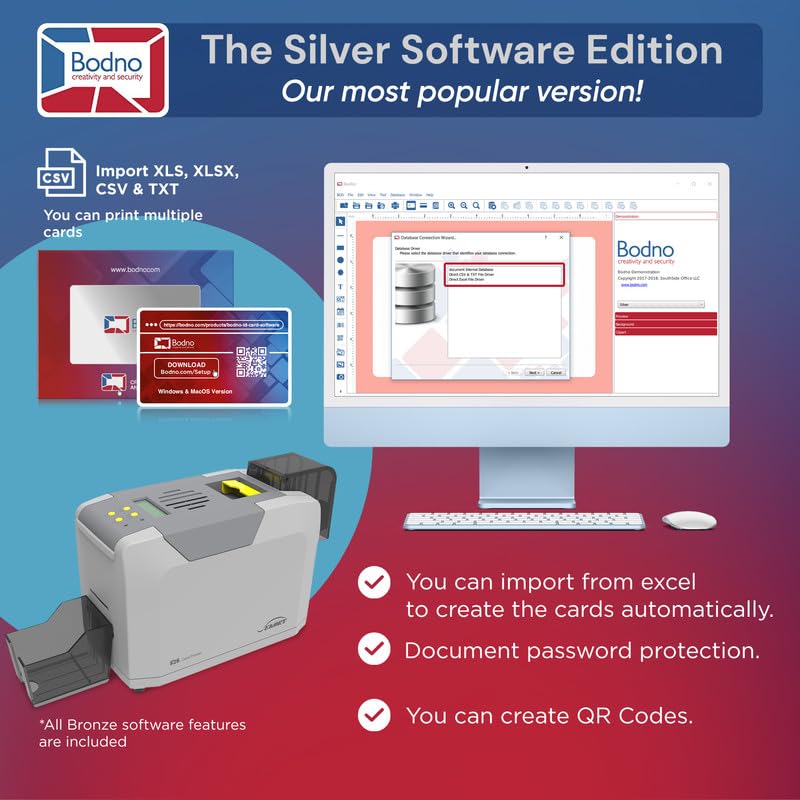 Bodno Seaory S26 Single Sided ID Card Printer & Complete Supplies Package ID Software and Camera - Silver Edition