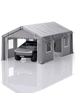 garveelife 13 x 20 ft carport heavy duty, portable garage with 4 roll-up doors, 4 mesh windows, 180 g pe tarps, and 8 x 1.0 mm poles, for full-size pickups, bass boats, and suvs, gray