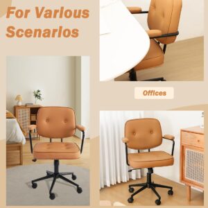 Small Office Desk Chair with Armrests Comfy Low Back Lumbar Support,Adjustable Height 360°Rolling Swivel Wheels,Modern PU Leather Office Task Chair,for Home, Bedroom,Office,Small Space (brown)