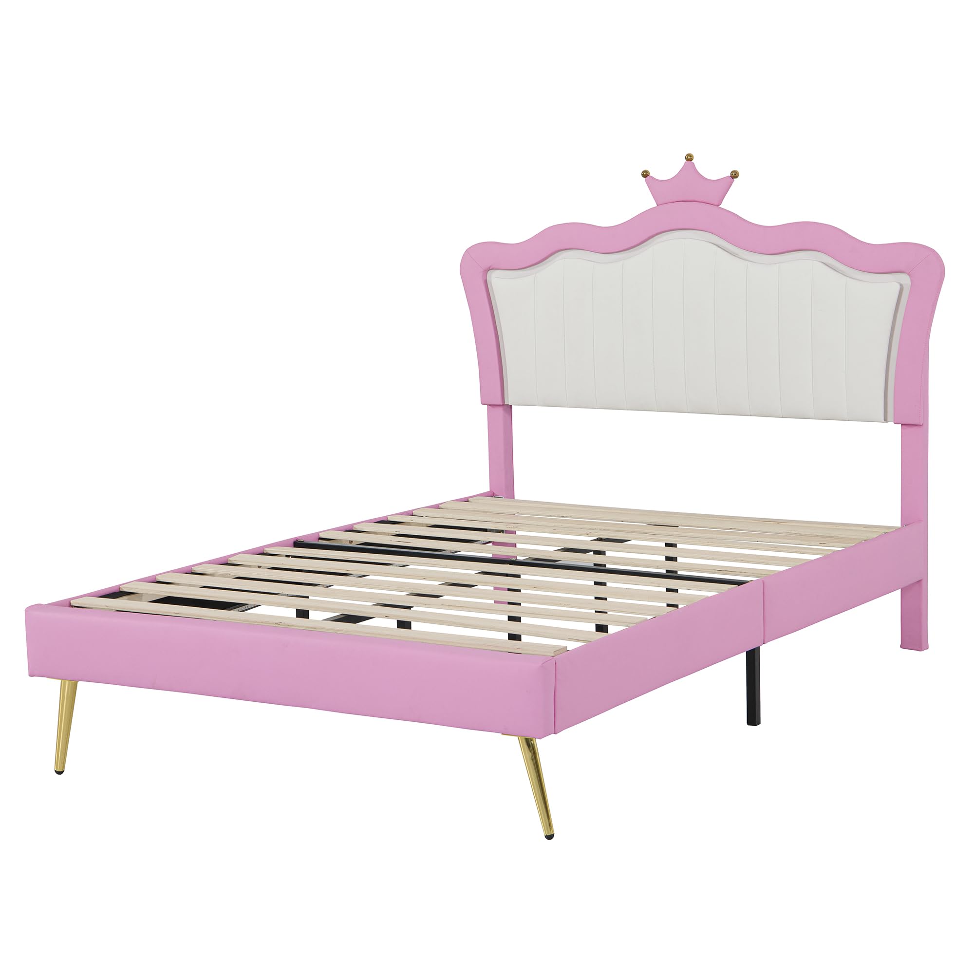 SOFTSEA Full Size Upholstered Bed with LED Lights, Princess Platform Bed for Girls, Adjustable Headboard with Crown, Wood Slats Support, No Box Spring Needed, Pink