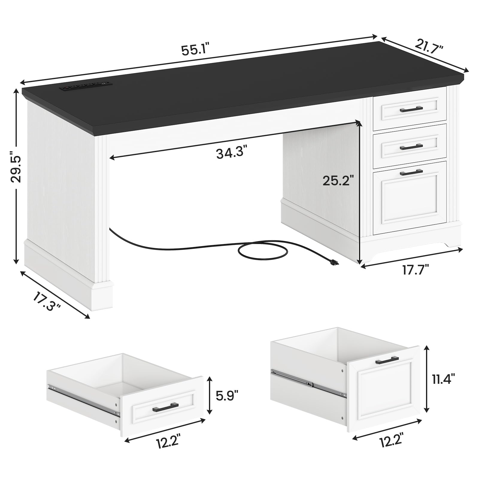 SEDETA Office Desk with 3 Drawers, 55" Executive Computer Desk with Storage Drawers, Farmhouse Desk with Power Outlet for Home Office, White