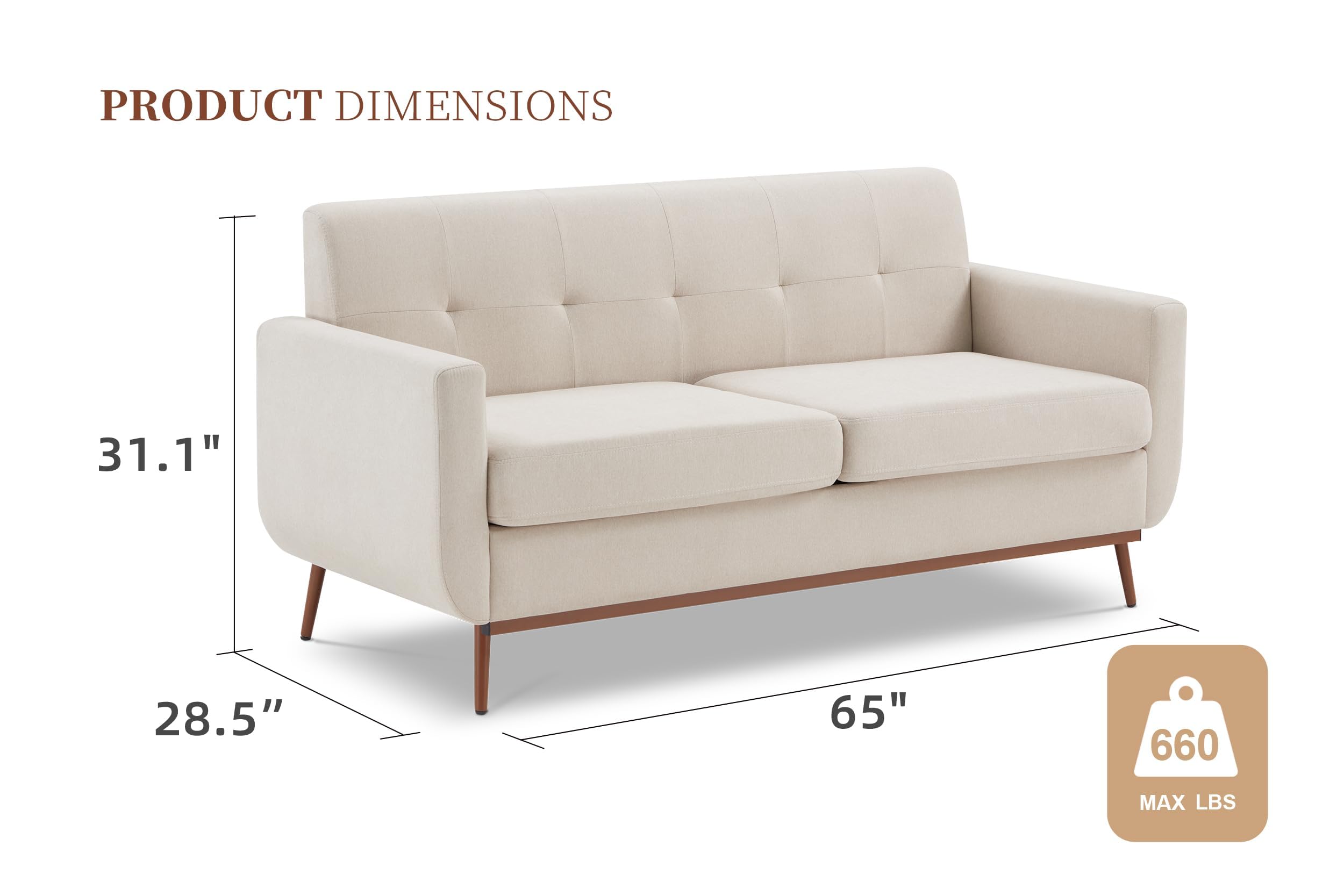 Weture 65" Loveseat Sofa, Mid Century Modern Love Seat Couches for Living Room, Comfy Button Tufted Upholstered Sofa Couch for Bedroom, Solid & Easy to Install Small Couch for Small Spaces, Beige