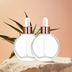 PYAWI 6Pcs, 2 oz Glass Dropper Bottles for Essential Oils ，60ml flat round perfume bottle with Eye Droppers， for Essential Oils, Perfumes, Serums - Leakproof for Travel (A- Clear/Rose Gold)