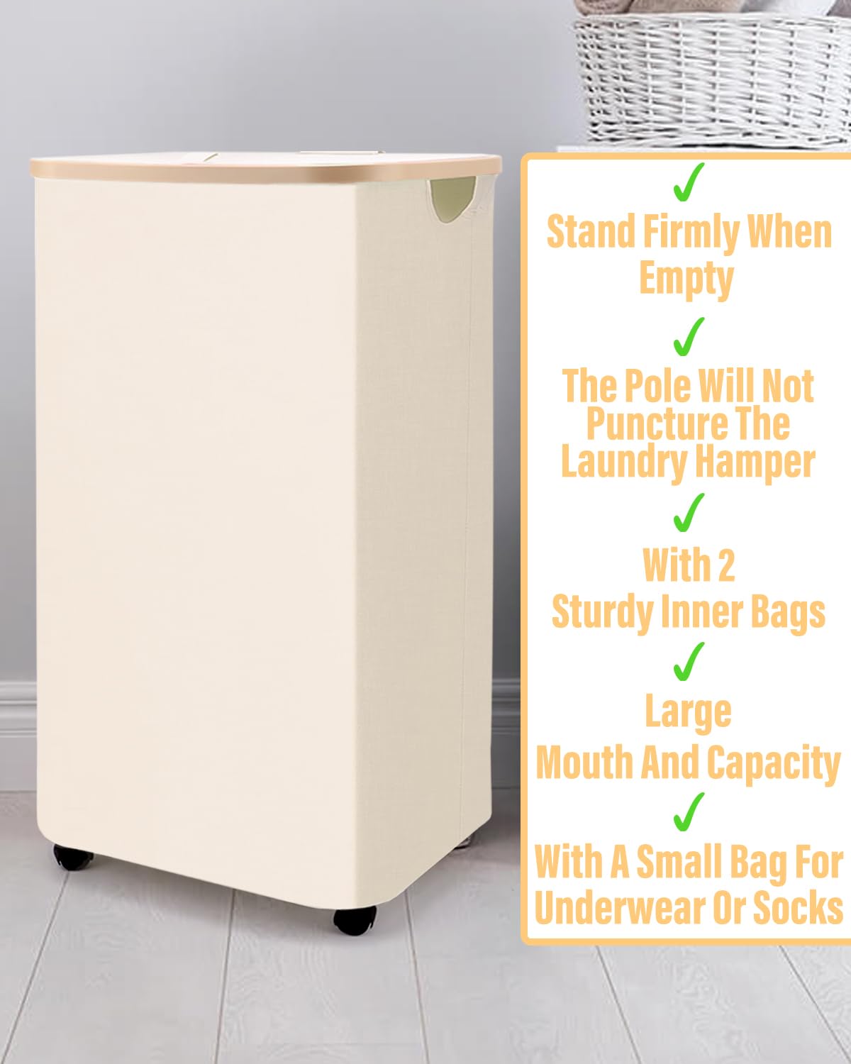 100L Laundry Hamper With Wheels,Large Collapsible Rolling Laundry Basket,Dirty Clothes Hamper With Lid in Laundry Room Bedroom Bathroom College Dorm for Adults,Beige