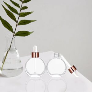 PYAWI 6Pcs, 2 oz Glass Dropper Bottles for Essential Oils ，60ml flat round perfume bottle with Eye Droppers， for Essential Oils, Perfumes, Serums - Leakproof for Travel (A- Clear/Rose Gold)