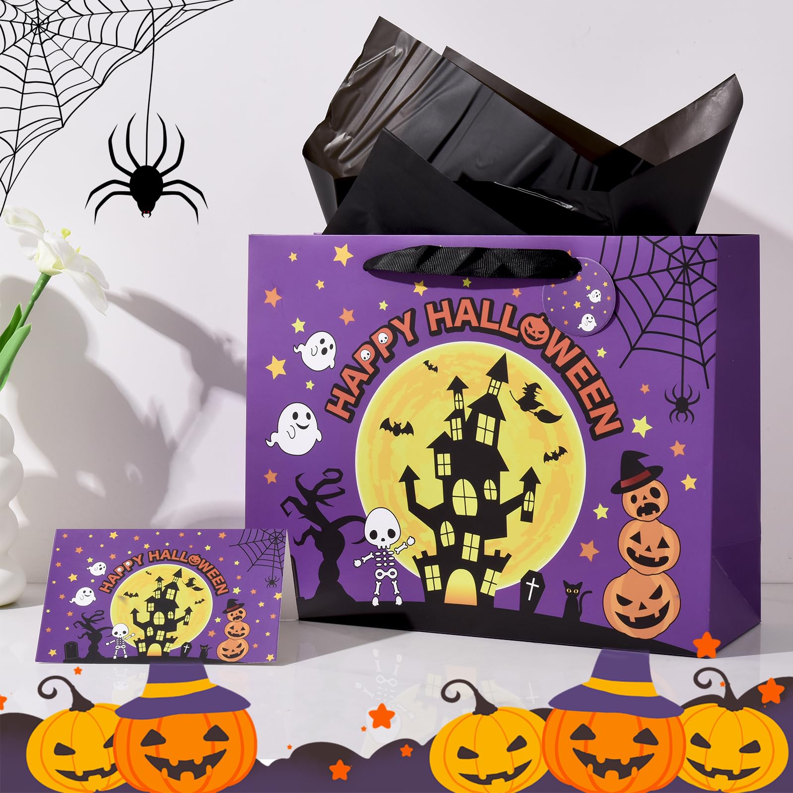 JEWOU Purple Halloween Party Gift Bag Halloween Birthday Gift Bag with Tissue Paper and Card Halloween Night Pumpkin Cat Ghost Wrapping Bat-Themed Favor Bag Halloween Wrapping Paper for Trick or Treat