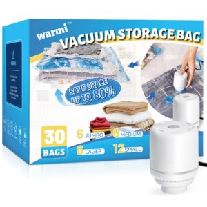 warmi 30 pack vacuum storage bags with electric air pump - vacuum seal bags for clothing travel - space saver bags for blanket, duvets, pillows, comforters, luggage, home storage & organisation