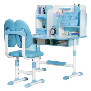 yoakaiax Premium Kids Study Desk Chair Set,Height Adjustable Children's Desk and Chair School Study Table Chair with Pattern,Ergonomic Desk Chair with Writing Board, Bookshelf and Drawer for Boys Gir