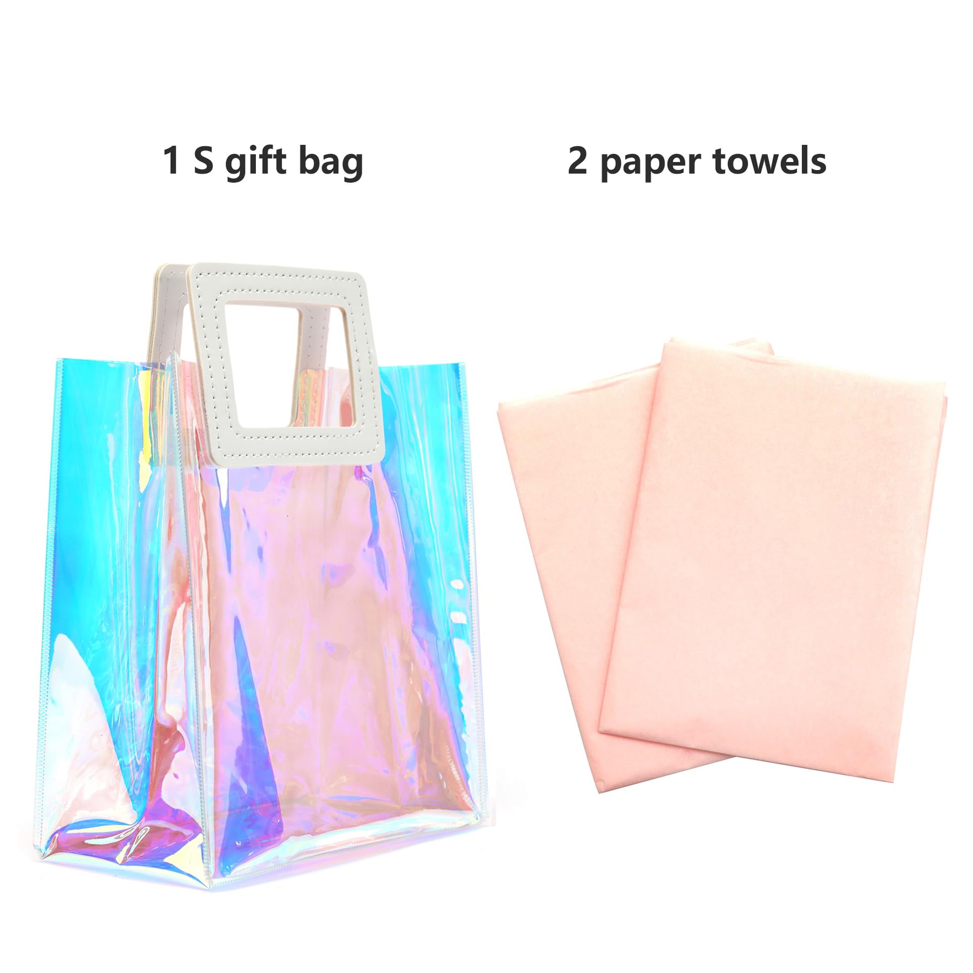 KeerxunBag 1 Pack Holographic Gift Bags with Handles & 2 Tissue Paper Sheets – Iridescent Transparent Reusable Bags for Women, Girls, Birthdays, Weddings，Pink Gift Bag