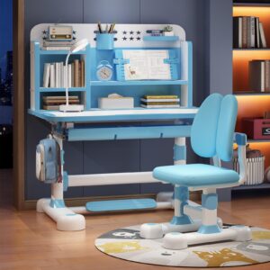 pofluany upgraded wide kids desk and chair set, height adjustable kids functional desk and chair set, kids study desk school desk, school writing study table with book stand, foot pedal blue