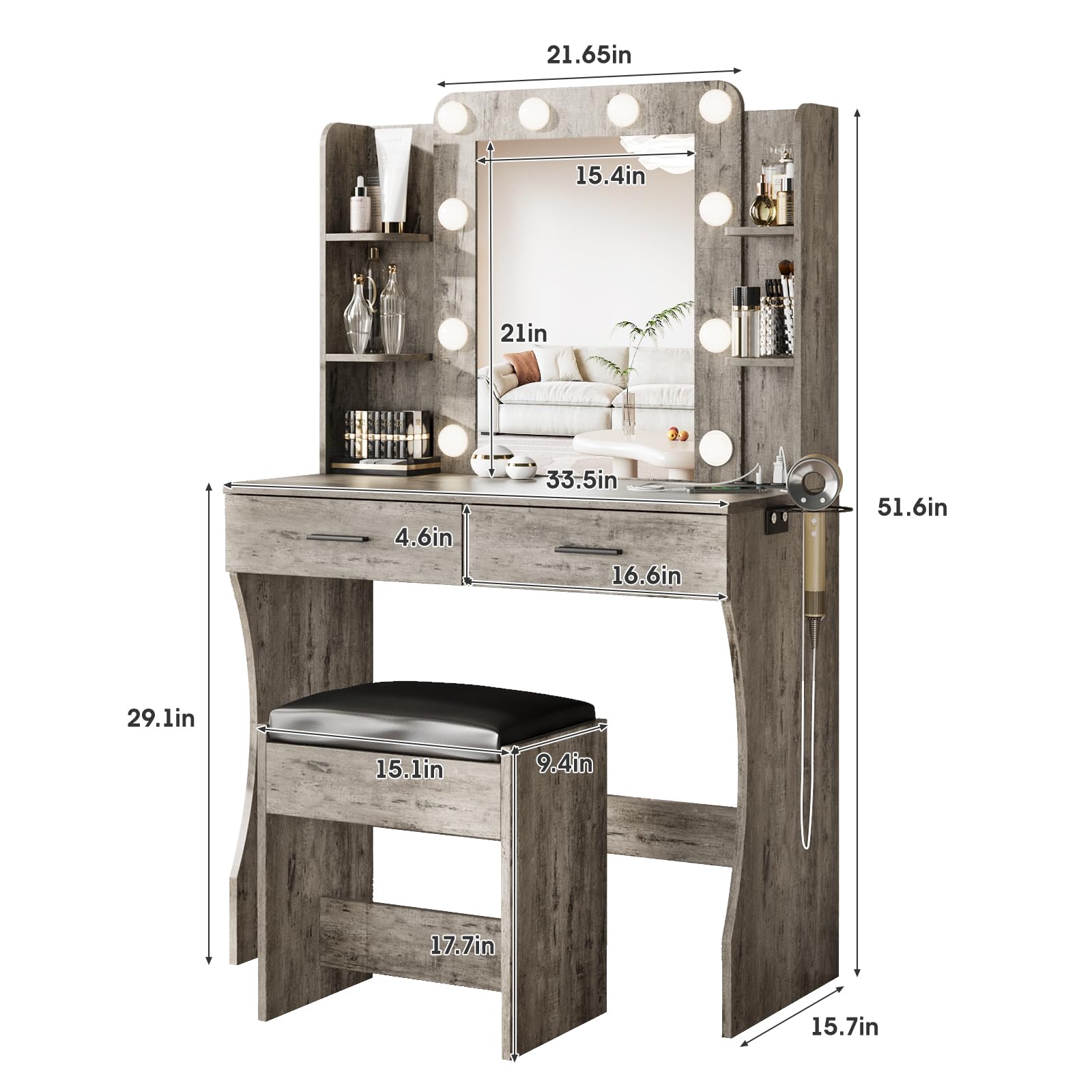 Maupvit Vanity Desk with Mirror and Lights,Makeup Vanity Table Set with Power Outlet,3 Lighting Modes & Adjustable Brightness Dressing Table with 2 Drawers for Bedroom Dressing Room,Light Oak Grey