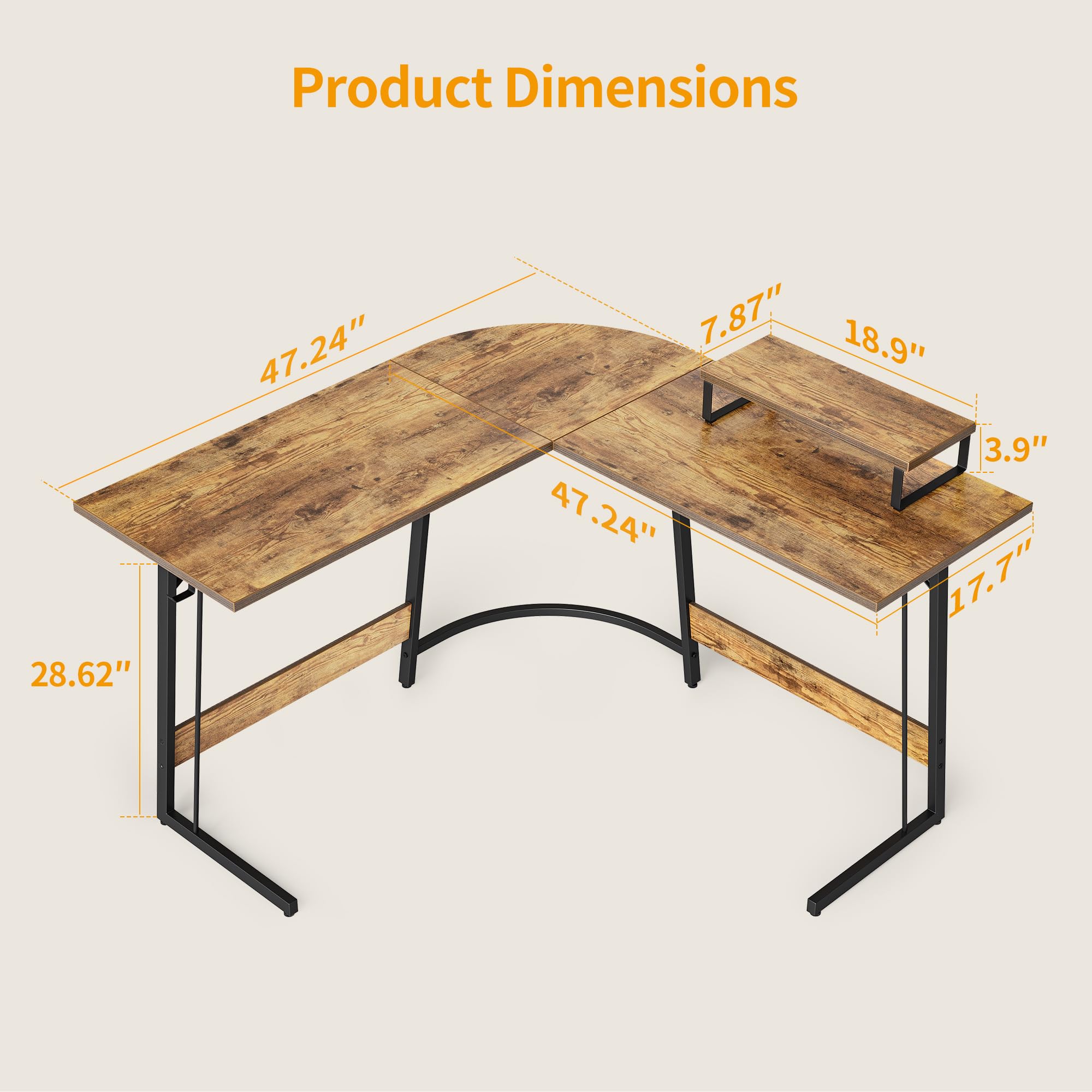 Cubiker L Shaped Desk, Computer Corner Desk, Gaming Desk with Monitor Stand, Home Office Study Writing Workstation, Space-Saving（47 Inch Rustic Brown）