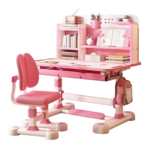 perzoe kids study desk chair, multi functional children school study table chair set with tilt desktop book stand storage drawer,ergonomic kids desk and chair set height adjustable for boys girls pink