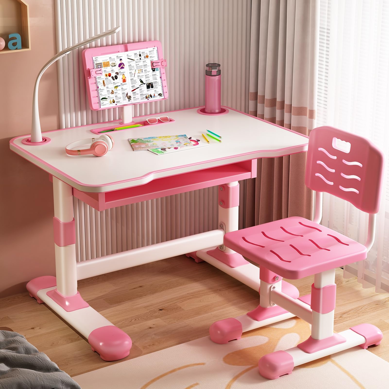 Shulemin Kid Desk and Chair Set Student Desk and Chair Set Study Table for Kids Kids Adjustable Desk Tiltable Desktop Toddlers Writing Table Boys Desk Girl Desk with Extra Large Drawer Pink