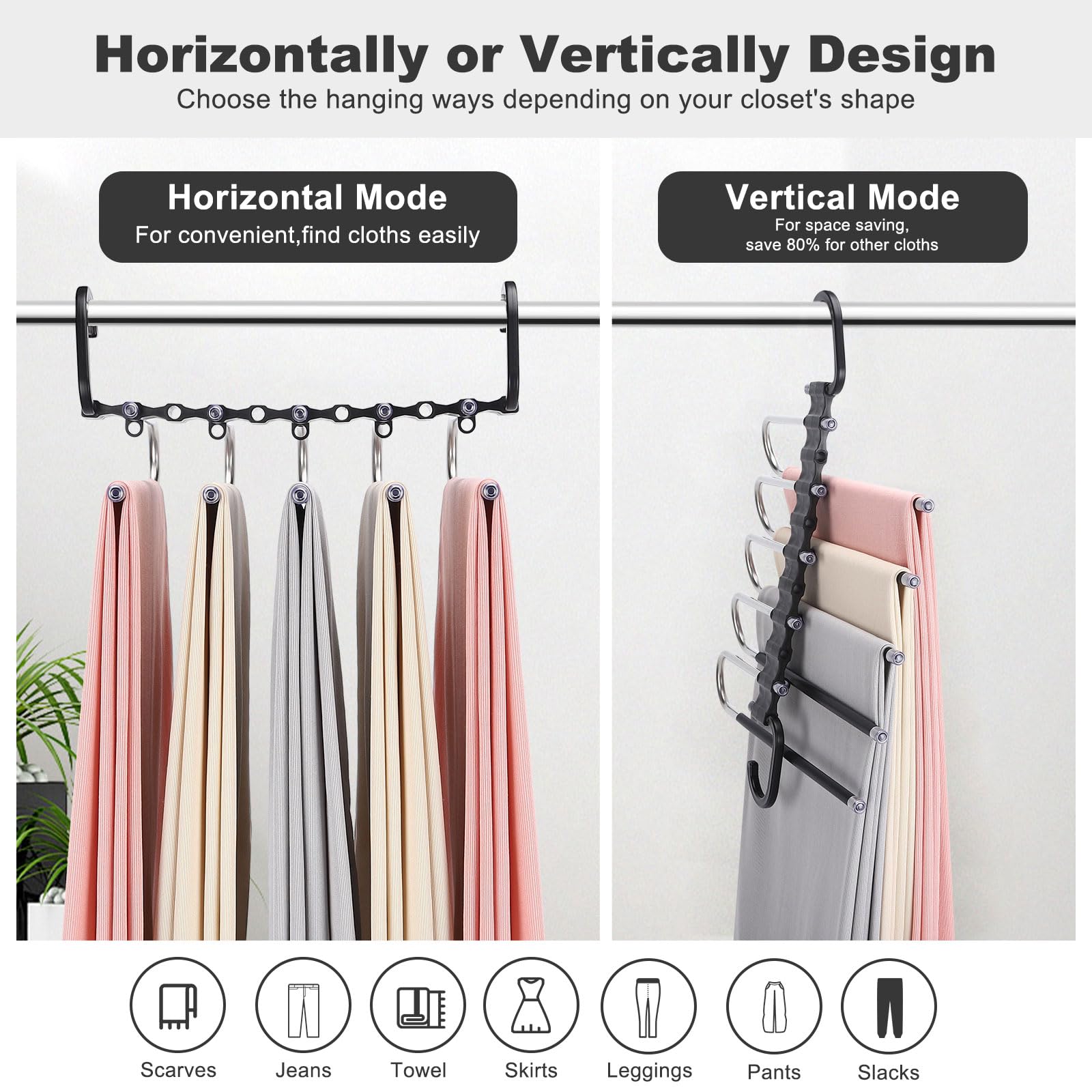 Hangers Space Saving 5 Tier Pant Hangers, Abarackie Space Saving Hangers, Closet Organizers and Storage for Pants Jeans Skirts Scarf Legging, Anti-Slip, Plastic Hooks, 2 Packs, Black